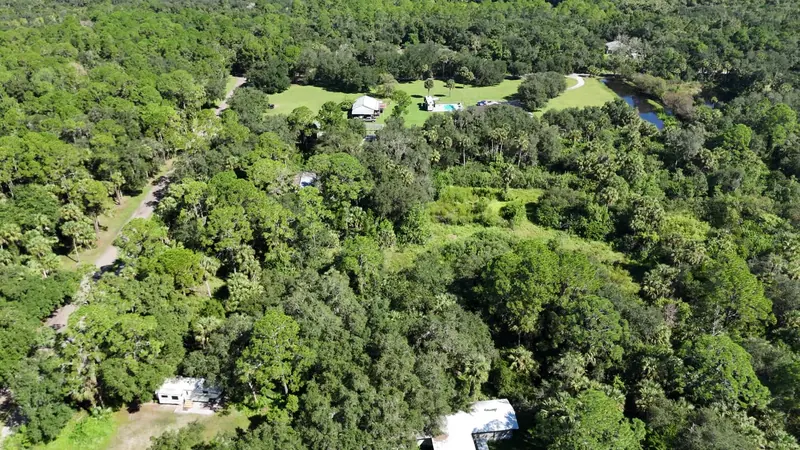 Actual aerial view of the wooded 1707 Kimmie Kay Drive area in Geneva; neighboring parcels and improvements are visible