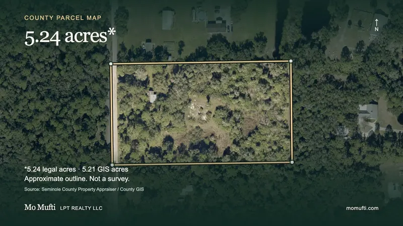 County aerial with approximate outline of the 1707 Kimmie Kay Drive parcel; 5.24 legal acres and 5.21 GIS acres, not a survey