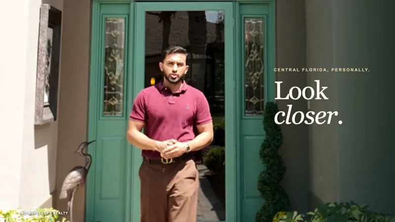 Mo Mufti walking toward the camera in front of a home, with Look closer title treatment