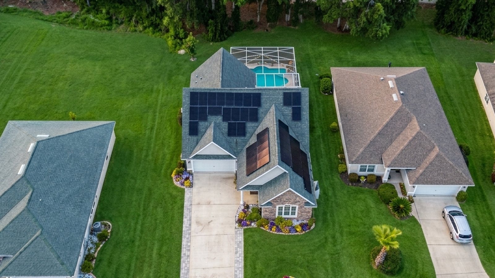 Aerial view of 728 Lake Diamond Ave, Ocala - pool home with solar